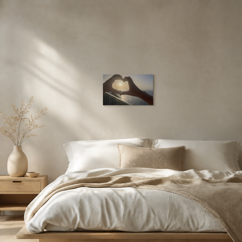 Golden Horizon wanddecoratie 30×20 cm boven een bed, schaalindicatie