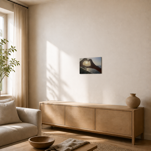 Golden Horizon wanddecoratie 30×20 cm in een woonkamer, schaalindicatie