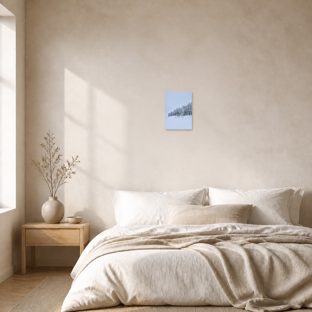 Winter Whisper wanddecoratie 20×30 cm boven een bed, schaalindicatie